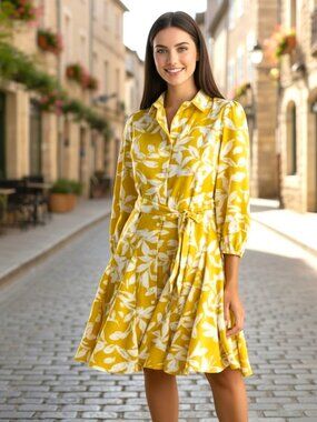 NWT Max Urban Floral Button-Front Shirt Dress in Mustard and White -Size 8